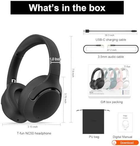Transform Your Soundscape with T-fun NC50 Over-Ear Headphones – Cutting-Edge Bluetooth 5.3, 65-Hour Battery Life, Adaptive Noise Cancelling, and Tailored EQ Settings for Ultimate Listening Pleasure and Gaming Precision