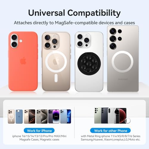 Versatile Magnetic Phone Holder and Multi-Function Stand with Suction Cup and Ring Grip – Perfectly Compatible with i Phone 16/15/14/13/12 Models and Mag Safe Cases (Elegant Black) – Enjoy Hands-Free Viewing and Enhanced Stability