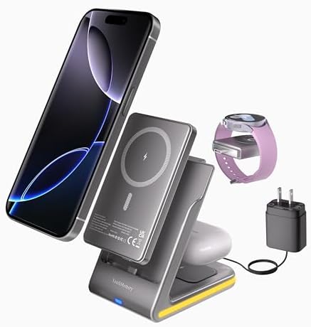 3-in-1 Magnetic Wireless Charging Station for i Phone & Samsung – Portable 5000 m Ah Power Bank, Multi-Device Charger for Apple Watch, Galaxy Watch & Air Pods – Fast Charging with Safety Features – Ideal for Home & Travel