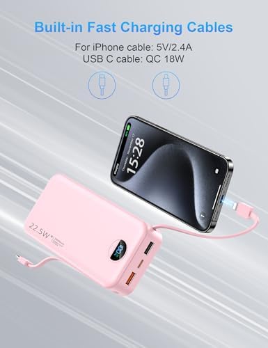 Ultimate 20,000 m Ah Portable Charger with Wall Plug – Fast Charging USB-C Power Bank with Built-in Cables, Digital Display, and Versatile 5 Output Ports for i Phone, Android, and Tablets – Stay Charged Anywhere with Enhanced Compatibility and Speed