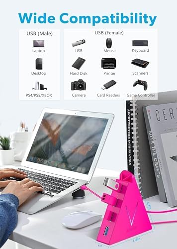 Elevate Your Connectivity with the Stylish Pink USB C Hub – 4 USB 3.0 Ports and 2 FT Extension Cables for Seamless Integration with i Pad Pro, Mac Book Pro, Surface & More – Ultimate Performance Meets Chic Design!