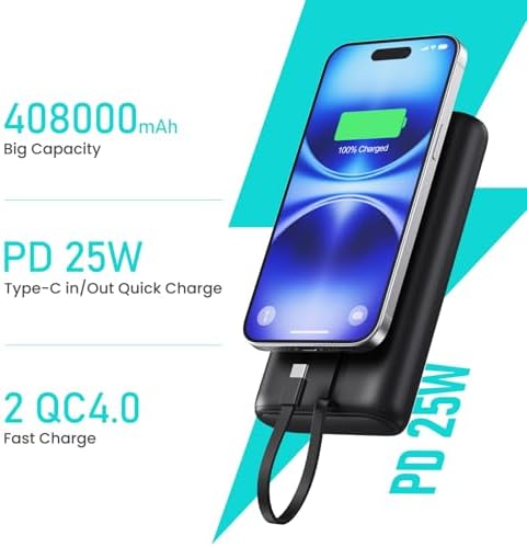Ultra-High Capacity 40800 m Ah Portable Charger with Built-In Cables – 25 W PD USB C Fast Charging Power Bank – 5 Outputs & Dual Input for i Phone 16/15/14/13 & Samsung S23 – Stylish Pink Design for On-the-Go Charging Solutions