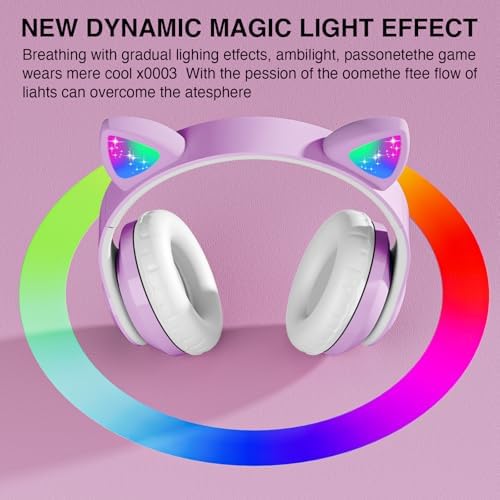 Playful Cat Ear Bluetooth Headphones for Kids – Foldable Over-Ear Design with LED Lights, Safe Listening Volume Control, Built-in Microphone, and Multi-Device Connectivity – Ideal for Music, Movies, and Gaming on i Phones, i Pads, Smartphones, and More!