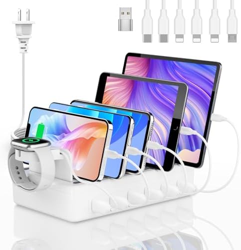 Ultimate 6-in-1 Multi-Device Charging Station – 50 W Fast Charging Dock with Universal Compatibility for i Phone, i Pad, Smartphones & Tablets – Sleek Organizer with Mixed Cables for Efficient Power Delivery and Clutter-Free Workspace