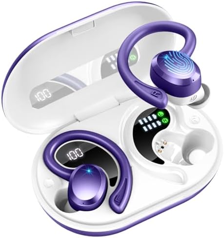 Premium Bluetooth 5.3 Wireless Earbuds for Sports – 3 D Hi-Fi Stereo Sound, 48-Hour Playtime, Noise-Cancelling Mic, IP7 Waterproof Design, Stylish Purple Earhooks for Ultimate Comfort During Workouts and Running