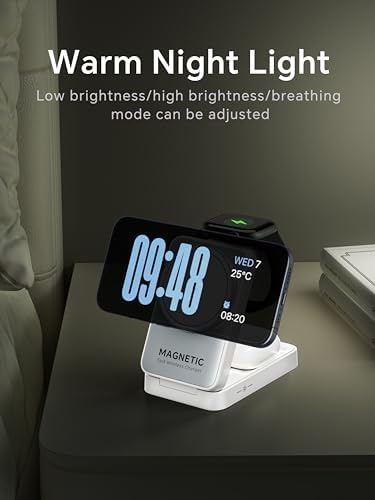 2025 Enhanced 3-in-1 Magnetic Wireless Charger: Foldable Nightlight Charging Station for i Phone, Apple Watch, and Air Pods – Ultimate Travel Companion with Mag Safe Compatibility and Rapid Charging Efficiency