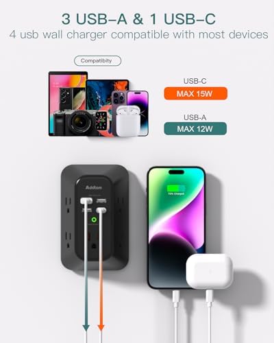 Addtam 5-Outlet Surge Protector with 4 USB Fast Charging Ports – Versatile Outlet Extender Power Strip for Home and Dorm Room Use, Enhanced Safety Features with Built-in Surge Protection, Compact Design for Easy Travel and Maximum Device Compatibility