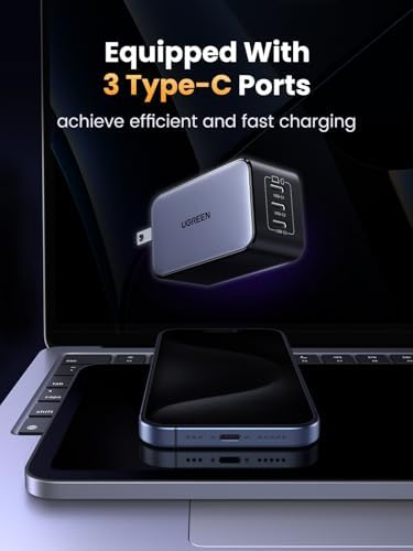 UGREEN Nexode 65 W USB-C Charger Block – Enhanced 3-Port Ga N Power Adapter for Fast Charging Compatible with i Phone 16/15, Galaxy S24/S23, Mac Book Pro/Air, i Pad Pro/Air, Pixel 9/8, and Steam Deck – Superior Efficiency, Compact Design, and Triple Device Flexibility for Ultimate Convenience