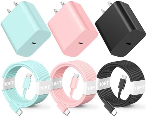 Revitalize Your Charging Routine with the 3-Pack 20 W USB-C Charger Set – Fast Charge Compatible with i Phone 16/15, Featuring 10 FT USB-C to C Cable in Stylish Pink, Green, and Black for Ultimate Convenience and Performance – Perfect for i Pad Pro and i Phone Pro Series