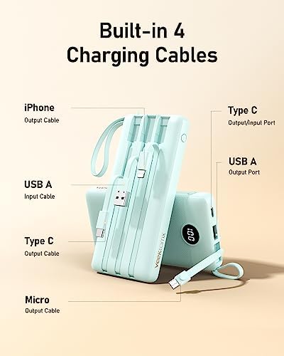 VEEKTOMX 10,000 m Ah Portable Power Bank with Integrated Charging Cables – Slim, Lightweight Fast Charger for i Phone, Samsung, and Android Devices – Essential Travel Companion with Intelligent Charging Technology for On-the-Go Convenience