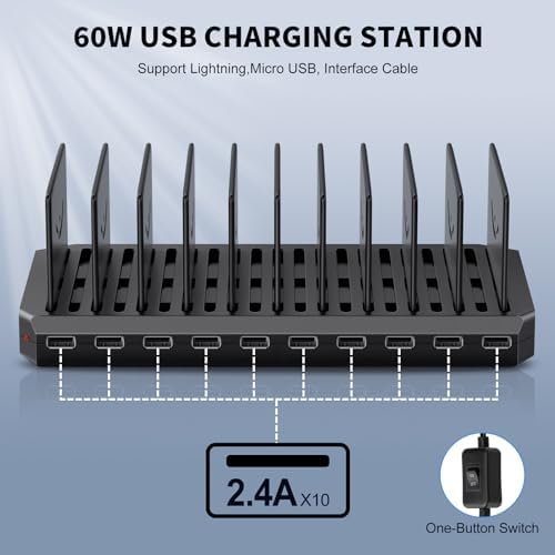 High-Performance 10-Port USB Charging Station Hub with Adjustable Dividers – Fast Charge Multiple Devices Simultaneously for Hotels, Schools, and Travel – Enhanced 60 W Power Output and Universal Compatibility for All Your Devices