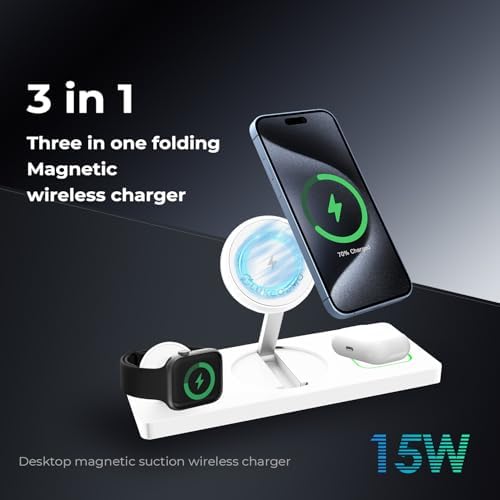 3-in-1 Wireless Charging Station for i Phone, Apple Watch & Air Pods – Fast Charge Capability for i Phone 15/14/13/12 Pro/Max/Mini/Plus, Compatible with Apple Watch 8/7/6/SE/5/4/3/2 & Air Pods 3/2/Pro – Sleek Black Design with Adapter for Effortless Device Management