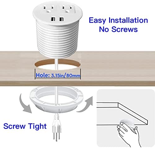 Revolutionize Your Workspace with the Desk Power Grommet USB C – 30 W PD Fast Charge Power Strip with 2 Outlets & 2 USB Ports, Effortlessly Mountable Recessed Flat Plug for Countertops, Shelves, and End Tables – Sleek Black Design for Enhanced Connectivity and Simplified Charging Solutions