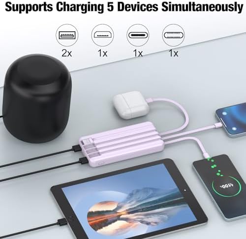 Ultimate Portable Charger with Built-in Cables – 10,000 m Ah High-Speed Power Bank for On-the-Go Charging – 5 Outputs & 3 Inputs – Sleek Purple Travel Battery Pack for i Phone, Samsung, i Pad, Tablets – Enhanced Durability & Convenience