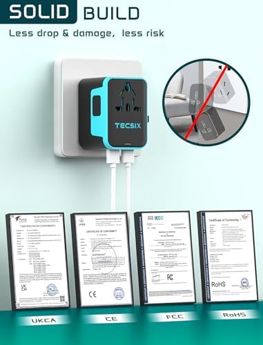 Global Travel Power Adapter with Dual USB-C & USB-A Ports – Compact 240 V AC Charger for International Use in EU, US, UK, AUS – Fast Charging Solution for Modern Travelers – Sleek, Lightweight Design (Black/Blue)