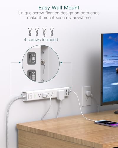 6 Ft Surge Protector Power Strip with 5 AC Outlets & 2 USB-C Ports – Space-Saving Flat Extension Cord for College Dorms & Home Office – Reliable Desktop Charging Station in Sleek White Design – Enhanced Surge Protection for Optimal Device Safety