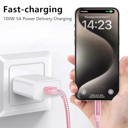 Elevate Your Charging Experience with Awnuwuy 100 W Pink USB C to USB C Cable – 10 ft Long (2-Pack) for Fast Charging & Data Transfer, Compatible with i Phone 15 Series, i Pad Pro, Mac Book Air, Samsung Galaxy S23/S22, Pixel 6 – Stylish Durability & Enhanced Performance for All Your Devices
