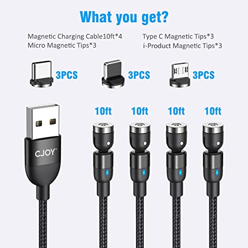 CJOY 4 Pack 10 ft Magnetic Charging Cable – 540-Degree Rotational Design for Effortless Connectivity, Durable Nylon Braided Exterior, Compatible with Type C & Micro USB Devices, Fast Charging Capability for Enhanced Performance and Flexibility