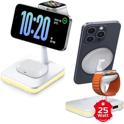 Spracht Flex Charge 4: 25 W 4-in-1 Wireless Charging Stand with Magnetic Alignment | Fast Charge for Smartphones, Smartwatches, Earbuds & Qi-Compatible Devices | Elegant Nightlight Feature, Space-Saving Design (White) – Optimize Your Charging Experience