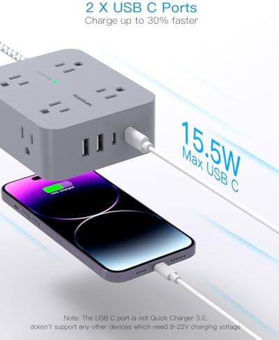 HANYCONY 6 ft Surge Protector Power Strip with 8 Outlets & 2 USB-C Ports – Essential College Dorm Extension Cord with Space-Saving Flat Plug for Fast Charging and Device Safety – Perfect for Home Office and Tech Needs