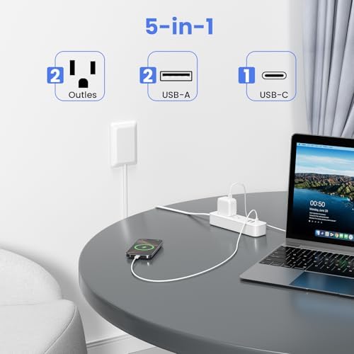 Versatile 5 FT Flat Socket Extension Cord with Surge Protection: 2 AC Outlets, 1 USB C & 2 USB A Ports – Ideal Multi-Device Charger for Home, Dorm, Office, and Travel – Compact Power Strip for Effortless Charging and Enhanced Safety