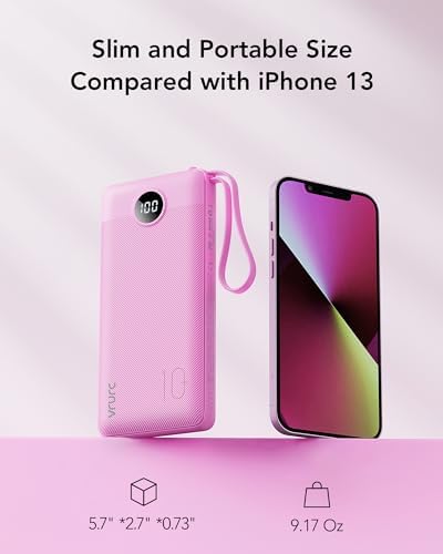 VRURC 10000 m Ah Portable Power Bank with Integrated Cables and LED Battery Indicator – Slim, Lightweight Travel Charger with Dual Input and Five Outputs for Effortless Device Charging – Ideal for Smartphones and Tech Gadgets – Stylish Blue Design (1 Pack) – Ultimate Convenience and Compatibility