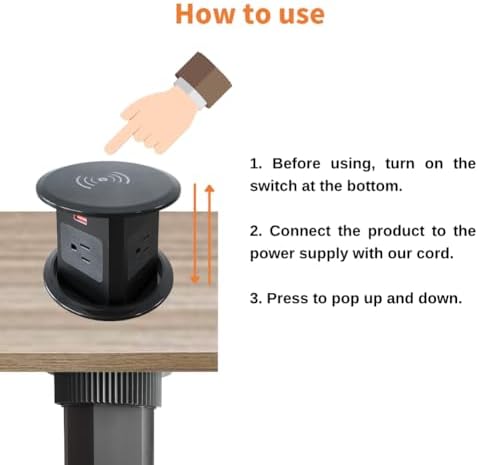 ZESHAN Sleek Pop-Up Power Outlet with 15 W Wireless Charging Station – Dual US Outlets, USB A & USB C PD Fast Charging Ports for Effortless Connectivity at Home or Office – Ideal for Conference Tables and Kitchen Counters, Modern Black Finish