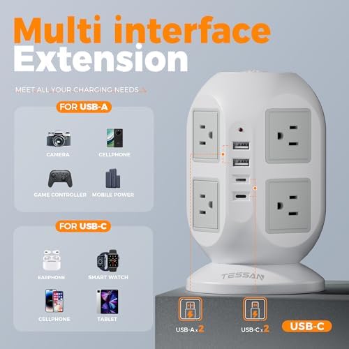 TESSAN Tower Surge Protector Power Strip – 10 ft Flat Extension Cord with 8 AC Outlets & 4 USB Ports (1 USB-C) – Compact Charging Station with Advanced Surge Protection for Home Office & Dorm Use – Optimal Device Safety & Versatile Compatibility