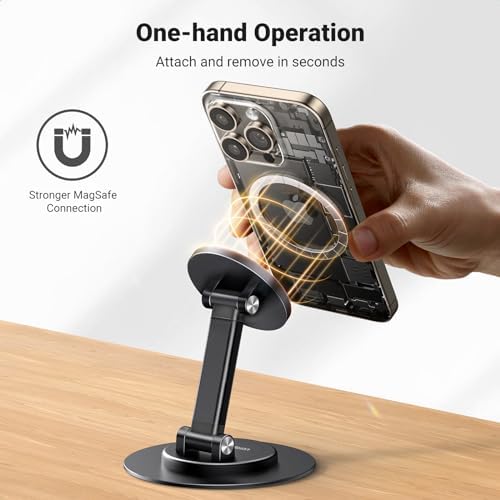 UGREEN Magnetic Phone Stand for MagSafe, Height Adjustable iPhone Stand for Desk with 360° Rotation Compatible for iPhone 16 15 Pro Max 14 Pro 13 12 and MagSafe Case, Black – Enhanced Compatibility and Speed