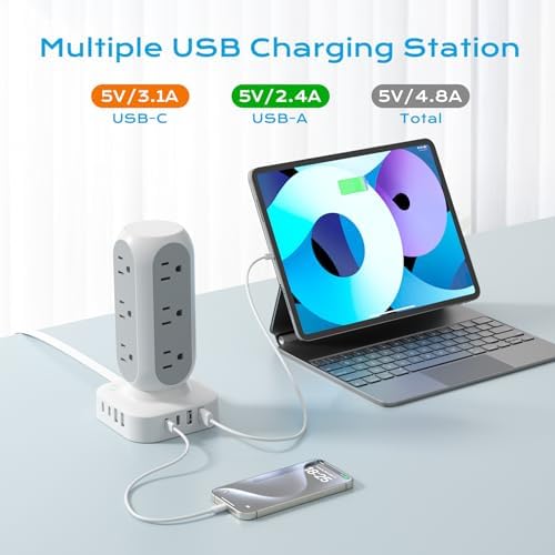 Revolutionize Your Charging Setup with the Flat Plug Power Strip Tower – 10 FT Extension Cord, 40 W Fast Charging Station Featuring 12 AC Outlets and 8 USB Ports (4 USB-C) for Ultimate Device Connectivity and Safety in Home, Office, or Dorm Room
