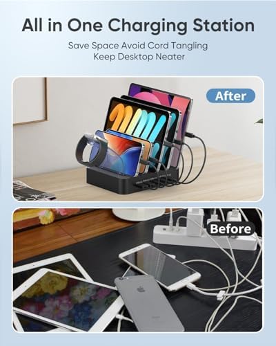 MSTJRY 90 W USB C Charging Station – Versatile 5-Port Fast Charger for i Phones, i Pads, Tablets & Air Pods – Customizable Charging Dock with Adjustable Dividers for Home, Office & Classroom – Optimal Compatibility & Safety Features