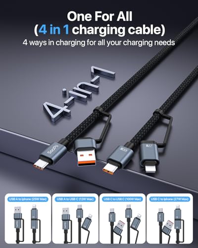 SOOPII 100 W 6.6 FT 4-in-1 Multi-USB C Charging Cable – Fast Charging Solution with USB-C, USB-A, and Lightning Connectors – Durable Nylon Braided Design for Phones, Tablets, and Laptops – Ultimate Versatility for Home and Travel