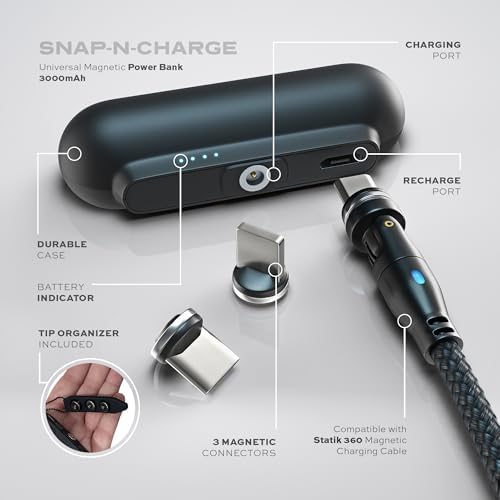 Statik Snap-N-Charge Mini Portable Charger – Sleek Black 3,000 m Ah Magnetic Power Bank with 10 W Fast Charging and 3-in-1 Universal Tips for i Phone, USB-C, and Micro USB Devices – Travel-Friendly Compact Design for Effortless On-the-Go Power