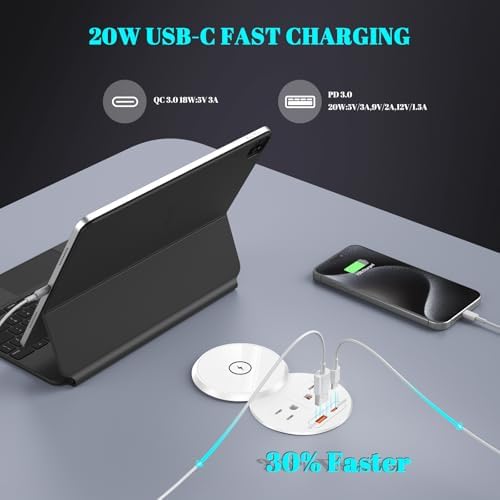Recessed 20 W USB-C Power Grommet with 15 W Wireless Charger – Sleek Desk Power Strip Featuring 2 AC Outlets, 18 W USB-A Port, and 6 FT Cord for Ultimate Convenience in Home and Office Environments – Ideal for Efficient Charging and Enhanced Productivity