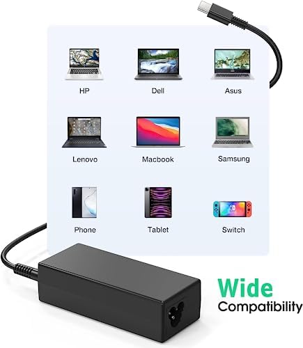 Universal 45 W USB-C Laptop Charger – Fast Charging Power Adapter Compatible with HP, Dell, Acer, Asus, and Samsung Chromebooks – Enhanced Compatibility for Students and Professionals, Optimized for Quick Device Recharge