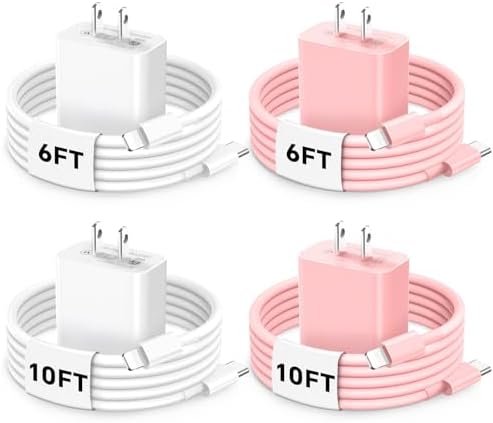 Rapid Charge 20 W PD USB-C Wall Charger Bundle with MFi Certified 6/10 FT Type C to Lightning Cables – Essential Power Solution for i Phone 14/13/12 Series & i Pad – Sleek White/Pink Design for Effortless Portability and Efficiency