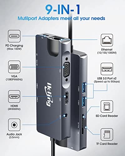 Transform Your Workflow with the Ikling 9-in-1 USB C Hub – Ultimate Multiport Adapter Featuring 4 K HDMI, VGA, Gigabit Ethernet, and 100 W Power Delivery for Mac Book Pro and Type-C Devices – Fast Data Transfer & Effortless Connectivity for Professionals and Students