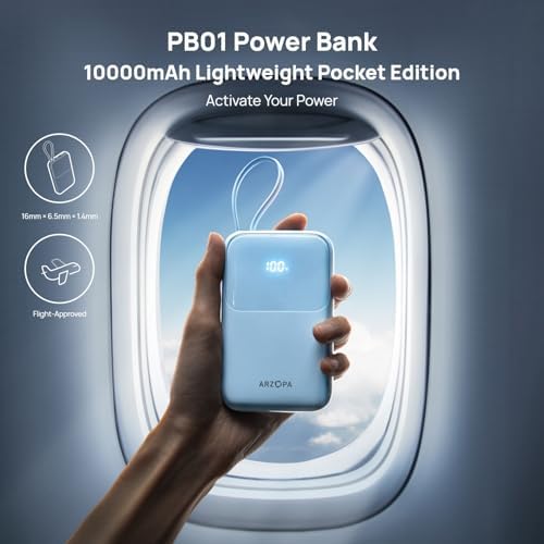 Ultra-Fast ARZOPA 10000 m Ah Portable Power Bank with Integrated USB-C Cable – 22.5 W Rapid Charging for Smartphones, Tablets, and More – Sleek Compact Design for Effortless Portability and Multi-Device Charging Convenience – Perfect for Travel and Daily Use