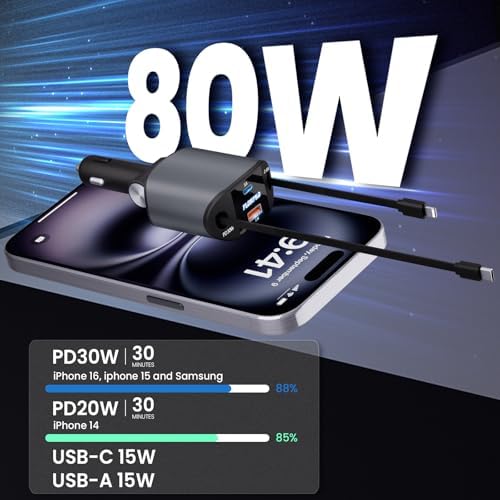 Experience Ultimate Power on the Road: PLDHPRO 80 W Retractable Car Charger – 4-in-1 Fast Charging Adapter with Dual Type-C Cables for i Phone 16, i Pad, and Samsung – Essential Vehicle Accessory for Efficient Charging and Easy Storage – Perfect Gift for Tech Enthusiasts and Travelers