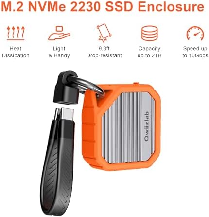 Qwiizlab M.2 2230 NVMe SSD Enclosure – Ultra-Fast 10 Gbps USB 3.2 Gen 2 Type-C, Rugged Aluminum Design, M Key Compatibility for SSDs Up to 2 TB, PCIe UASP Support, Portable Orange Case – Ideal for Gamers & Professionals Seeking Reliable Storage Solutions