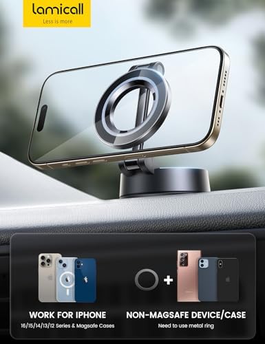 Lamicall Mag Safe Car Mount – 70 LBS Ultra-Stable Magnetic Phone Holder for Secure Dashboard & Windshield Use, 360° Rotatable Viewing for i Phone 16 Pro Max Plus, 15, 14, 13, 12 – Optimal Safety & Effortless Connectivity for All Drivers