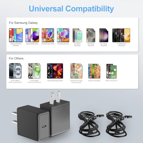 Unleash Rapid Power: 2-Pack 25 W USB-C Super Fast Charger for Samsung Galaxy A Series & S Series, Includes Dual 6.6 ft Type-C Cables – PD Technology for Optimal Device Compatibility, Ideal for Home & Travel Charging Solutions
