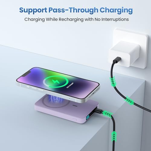 Ultra-Slim Magnetic Portable Charger 10800 m Ah Power Bank with LCD Display – Fast 20 W PD USB-C Input/Output, Wireless Charging for Mag Safe-Compatible i Phones Including 16/15/14/13 Series – Lightweight Travel Essential for On-the-Go Power