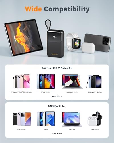 TESSAN 10000 m Ah Fast Charging Portable Power Bank with Built-in USB-C Cable – Compact Battery Pack for i Phone 16/15, Samsung & Tablets – Ultimate Travel Companion with Universal Compatibility & Rapid Recharge Technology