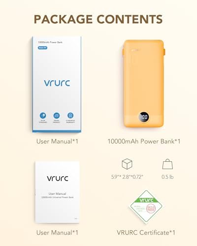 VRURC 10,000 m Ah USB C Power Bank with Built-in Cables & AC Wall Plug – Compact Lightweight Travel Charger for Smartphones & Tablets – Ultimate Convenience & Enhanced Charging Speed
