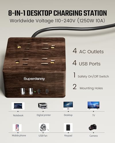 SUPERDANNY Portable USB Power Strip Surge Protector – Premium Desktop Extension Cord with 4 Spacious Outlets & 4 Advanced Smart USB Charging Ports for Home, Office, Hotel, Dorm, and RV Use – Elegant Faux Walnut Finish for Enhanced Aesthetics and Device Safety