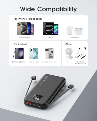 High-Efficiency 12000 m Ah Portable Power Bank with Built-In Cables and AC Plug – USB-C 22.5 W Fast Charger for i Phones, i Pads, Samsung Devices – Lightweight, Compact External Battery for Ultimate Mobility and Enhanced Device Compatibility