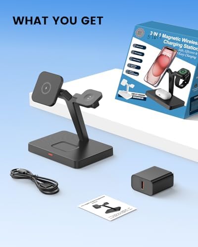 Ultimate 3-in-1 Foldable Wireless Charging Station for i Phone, Apple Watch, and Air Pods – Fast Magnetic Charger Stand with Enhanced Compatibility for i Phone 16-12, Apple Watch Series 9-2, Air Pods Pro & More – Stylish and Portable Power Solution for Home and Travel