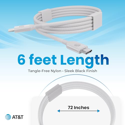 AT&T 6 ft Braided USB-C Charging Cable – Durable & Tangle-Free Cord for Fast Data Transfer and Universal Device Compatibility – Ideal for Phones, Tablets, and Laptops – Includes Warranty for Enhanced Reliability – Sleek Black Design