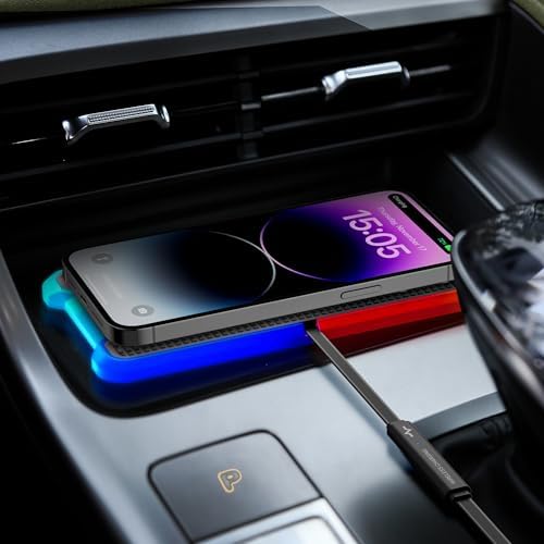POLMXS Wireless Car Charger Pad – Fast Charging Station with RGB Lighting for i Phone 11/12/13/14/15 & Samsung Galaxy S21/S22/S23/S24 – Non-Slip Cordless Charging Mat for Air Pods – Sleek Design for Ultimate Convenience on the Go